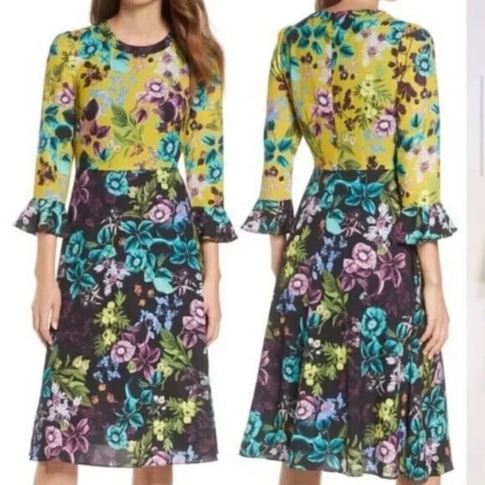 ELIZA J NWOT Floral Color Block MIDI Dress Long Bell Sleeves Sz 4 Dark Romantic - Picture 16 of 16